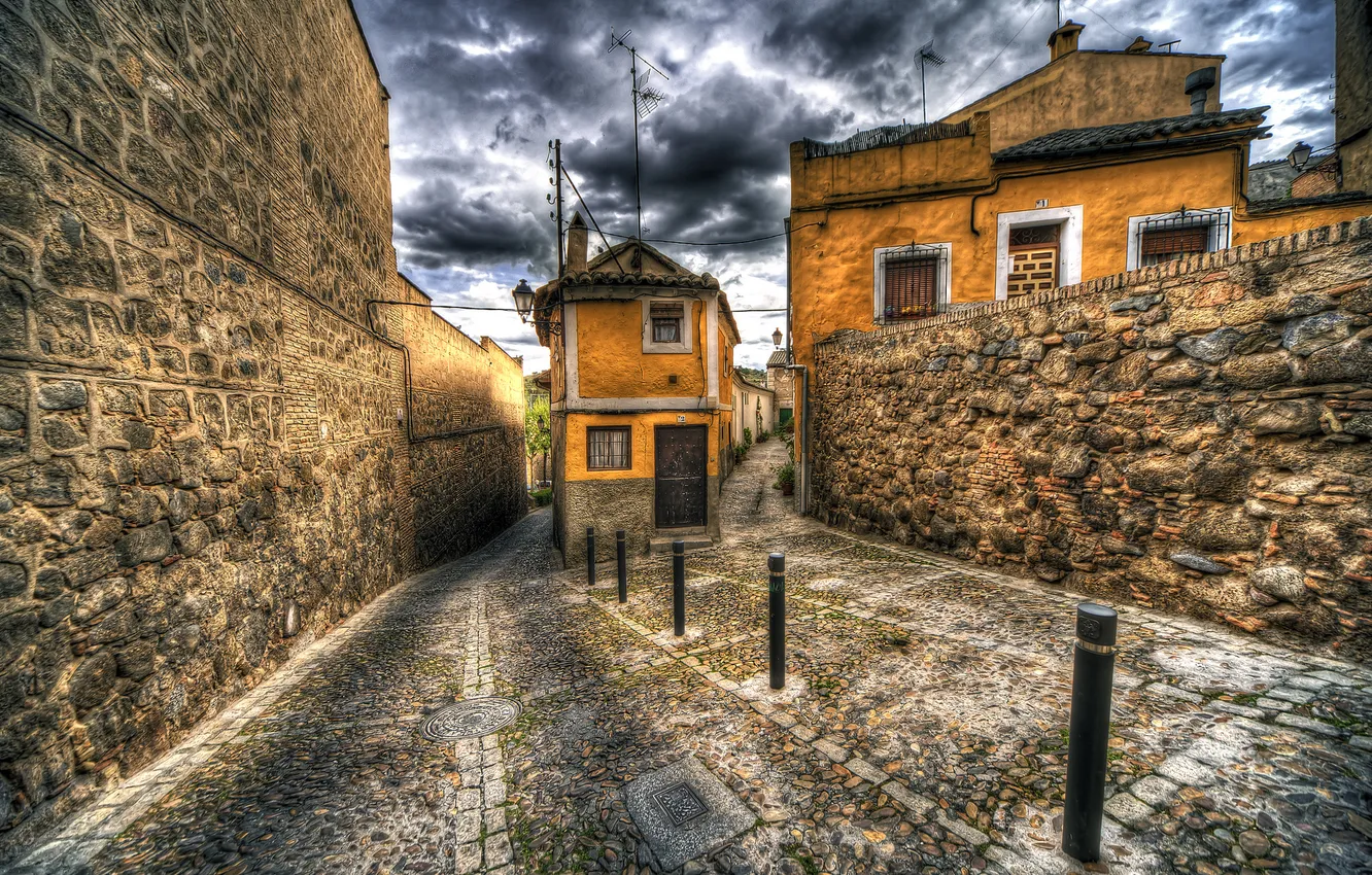 Photo wallpaper the sky, clouds, the city, stones, street, HDR, home, Spain