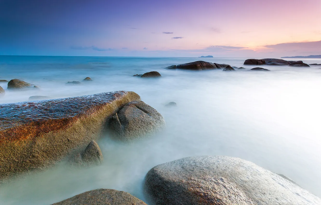 Photo wallpaper sea, surface, stones, dawn, excerpt