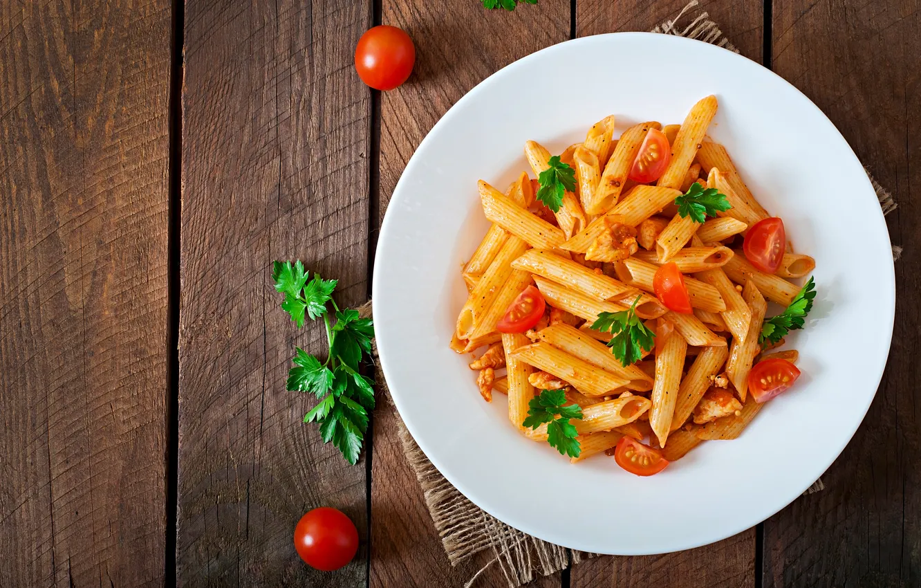 Photo wallpaper wood, table, tomato sauce, pasta dish