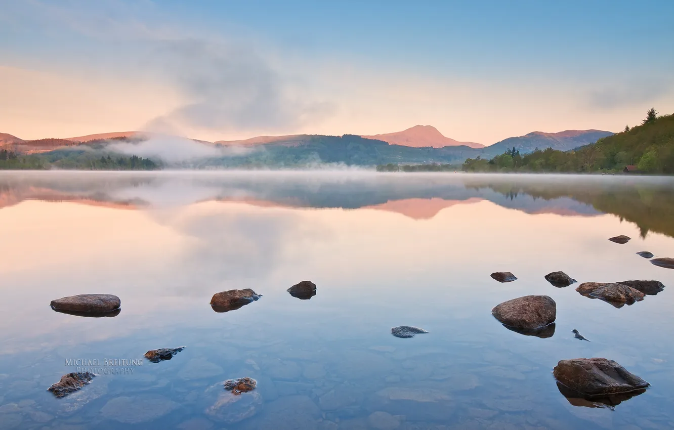 Photo wallpaper mountains, fog, lake, Scotland