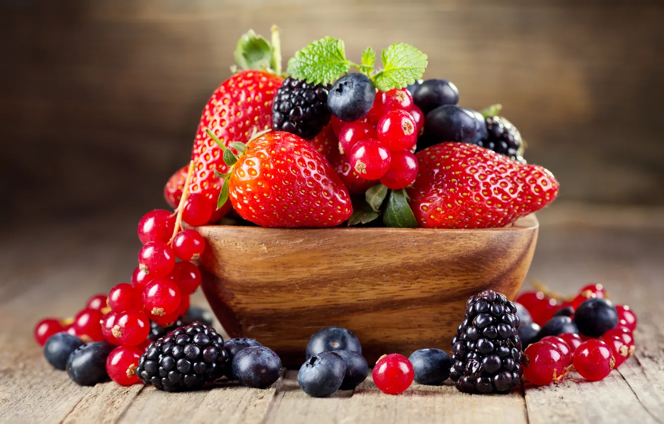 Photo wallpaper berries, table, blueberries, strawberry, plate, currants, BlackBerry