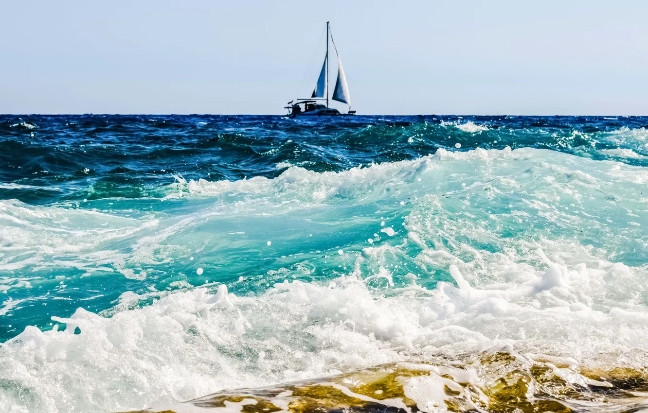 Photo wallpaper wave, the ocean, shore, yacht, sail