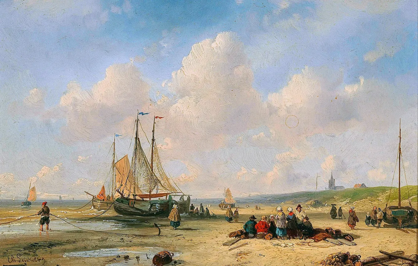 Photo wallpaper clouds, shore, boat, people, picture, Charles Leickert, Charles Henri Joseph Leikert, Charles Henri Joseph Leickert