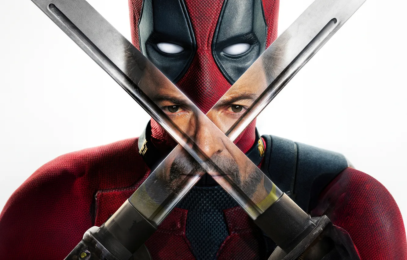 Photo wallpaper reflection, sword, Logan, Wolverine, Deadpool, 2024, Deadpool & Wolverine, Deadpool and Wolverine