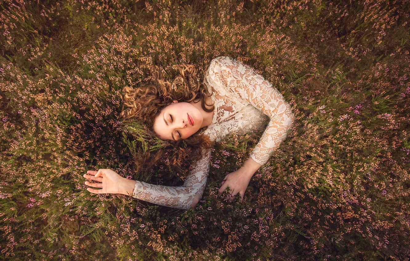 Photo wallpaper girl, flowers, nature, sleep