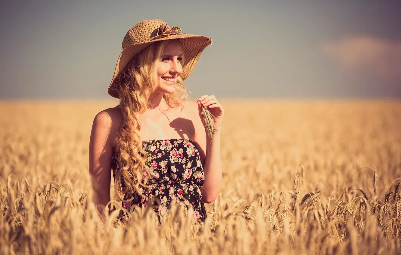 Photo wallpaper wheat, field, the sun, nature, pose, smile, model, portrait