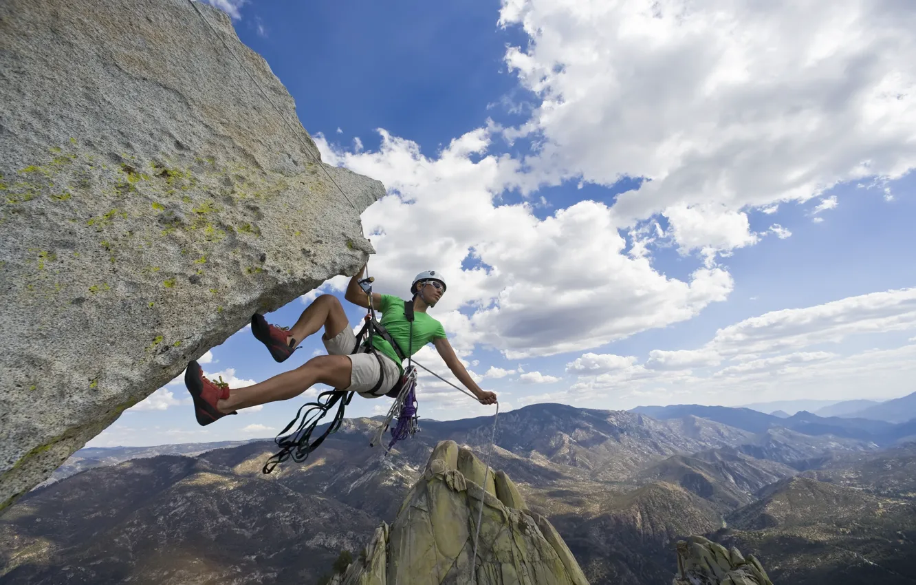 Photo wallpaper the sky, clouds, mountains, sport, guy, extreme, climbing
