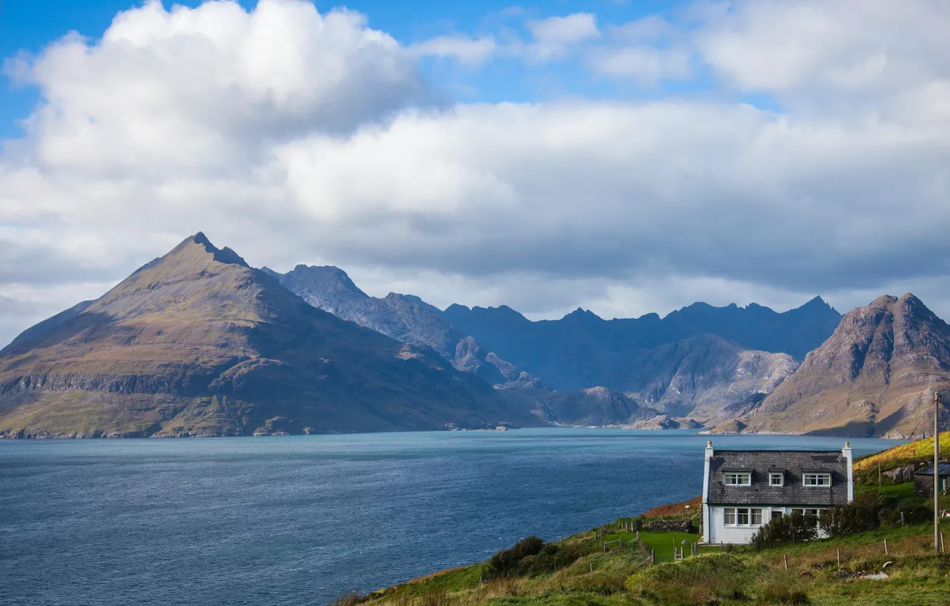 Photo wallpaper the sky, clouds, mountains, fog, blue, rocks, shore, home