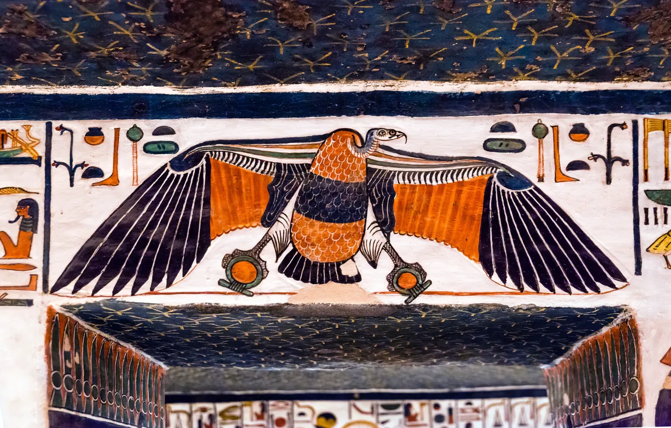 Photo wallpaper wall, bird, paint, characters, Egypt, antiquity