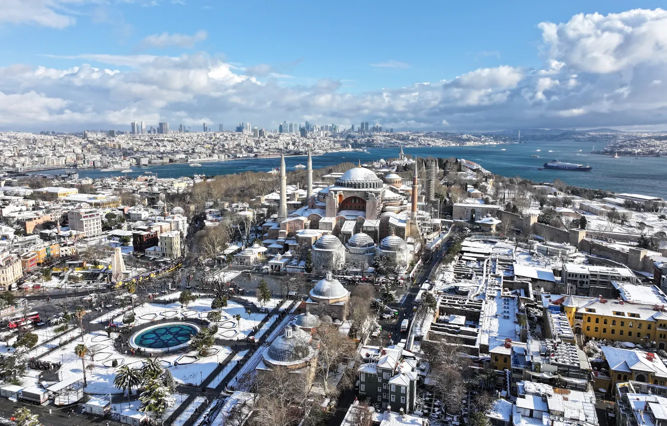 Photo wallpaper snow, Istanbul, Turkey, Bosphorus, Hagia Sophia