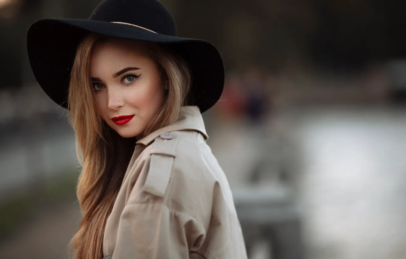 Photo wallpaper look, background, model, portrait, hat, makeup, hairstyle, beauty