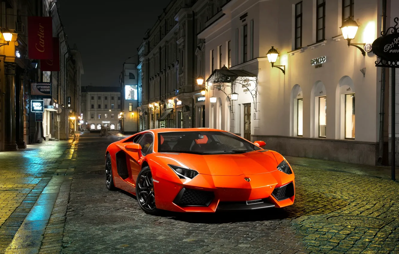 Photo wallpaper Night, Lamborghini, Street, Orange, Building, LP700-4, Aventador, The front