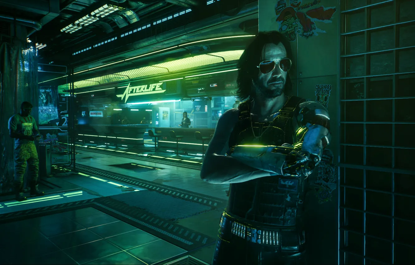 Photo wallpaper night, street, man, cyborg, night city, Cyberpunk, 2077, CD Project Red