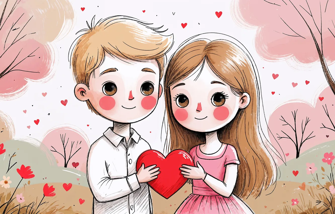 Photo wallpaper holiday, heart, boy, girl, hearts, a couple, Valentine's day, AI art