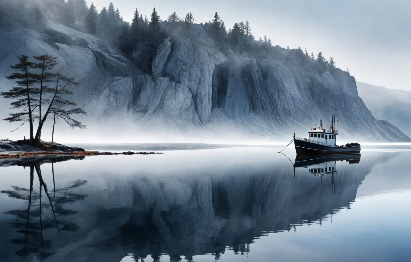 Photo wallpaper REFLECTION, SHORE, MIRROR, FOG, SURFACE, The SHIP, ROCKS
