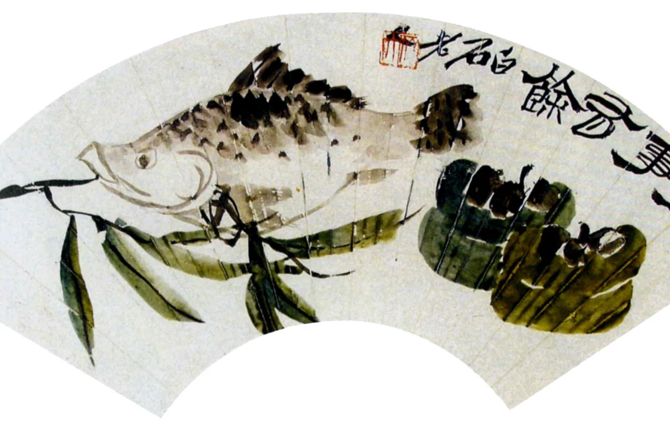 Photo wallpaper fish, fan, white background, Chinese painting, Keep qi-xi