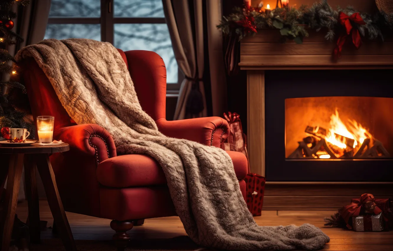 Photo wallpaper decoration, room, gift, balls, tree, new year, interior, chair