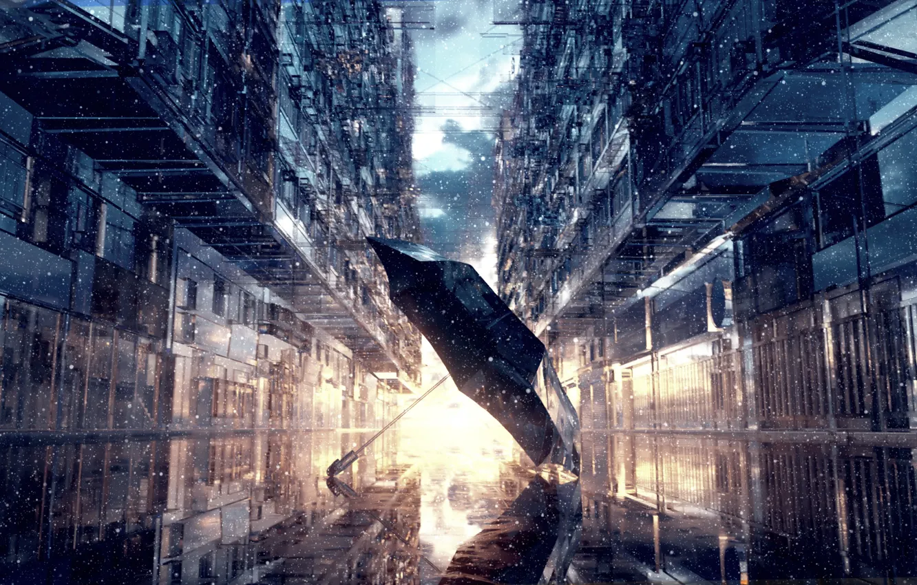 Photo wallpaper the sun, snow, street, umbrella, puddle