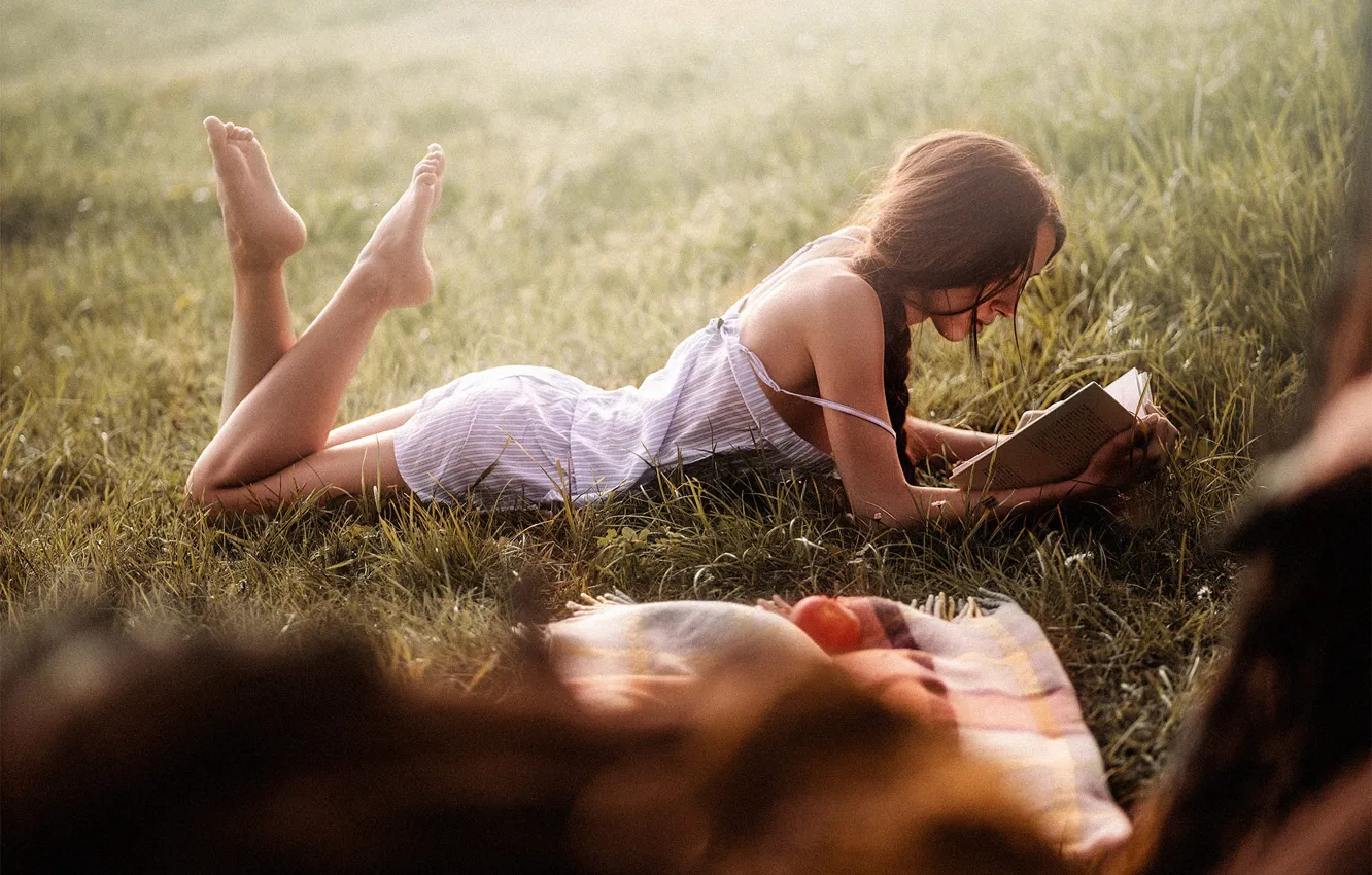 Photo wallpaper pose, model, dress, hairstyle, lies, book, brown hair, legs