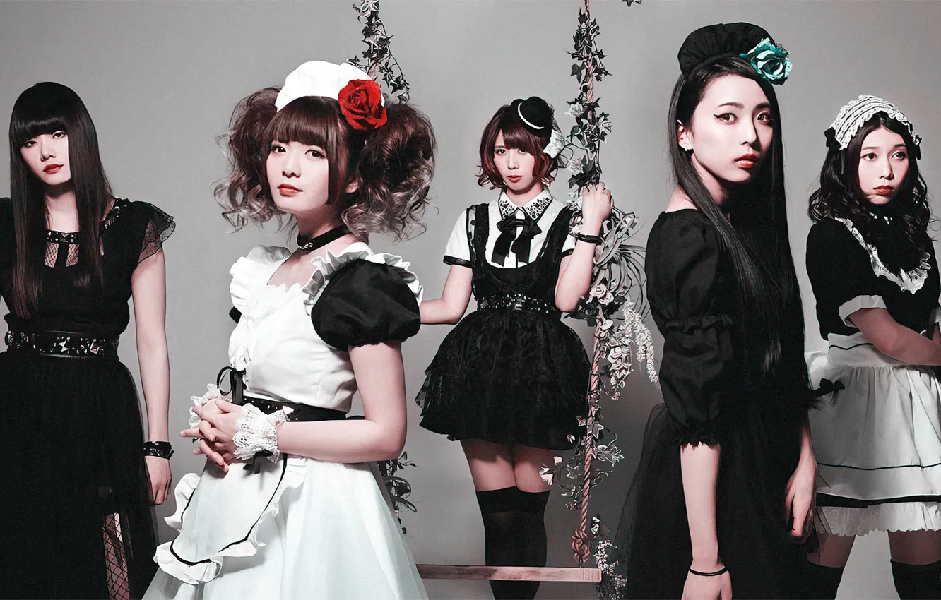 Photo wallpaper music, Japan, long hair, women, maid, standing, simple background, looking at viewer