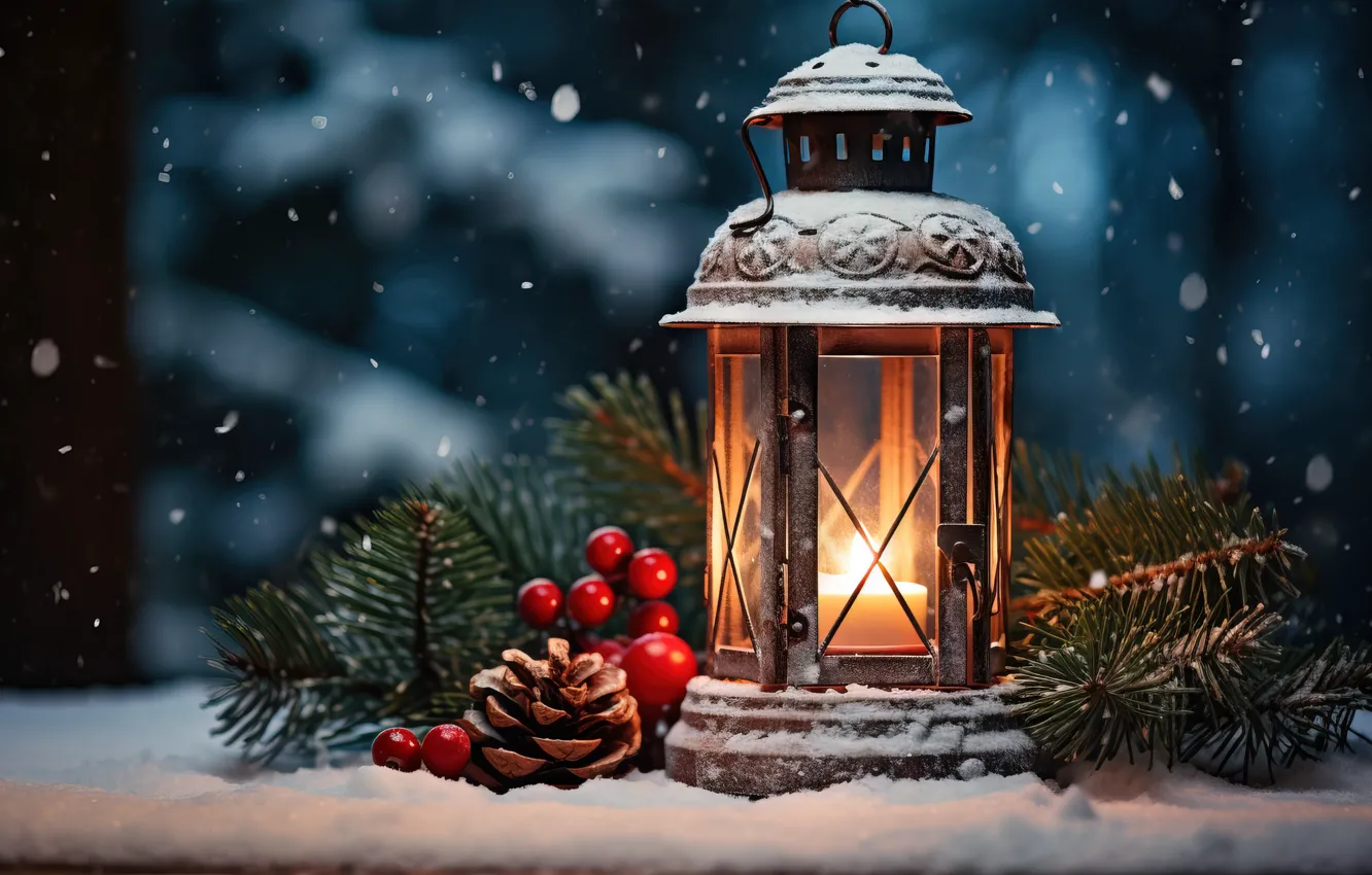 Wallpaper winter, snow, decoration, New Year, Christmas, lantern, light ...