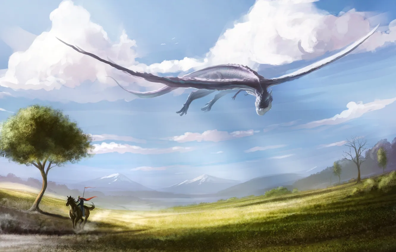 Photo wallpaper clouds, horse, dragon, art, rider