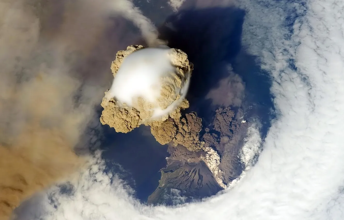 Photo wallpaper clouds, smoke, view from space, the eruption of the volcano