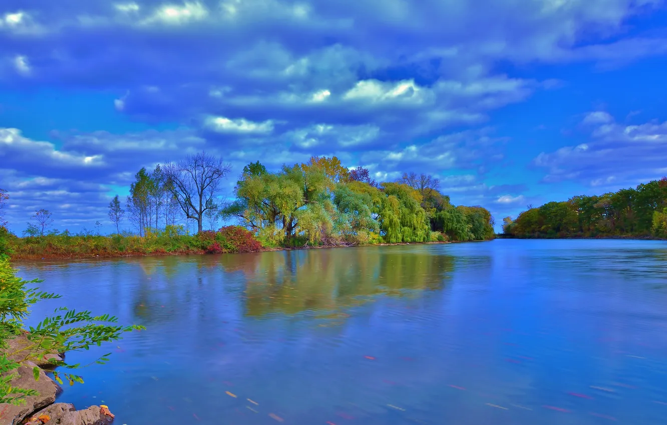 Photo wallpaper autumn, the sky, clouds, trees, lake