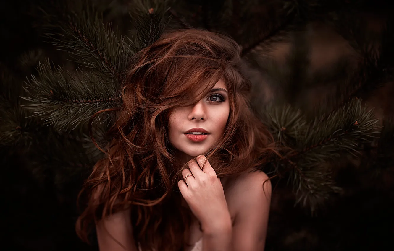 Photo wallpaper girl, branches, portrait, makeup, hairstyle, brown hair, needles, bokeh
