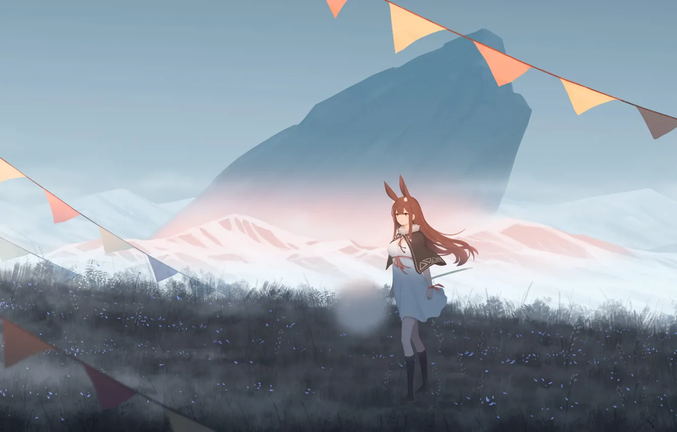 Photo wallpaper girl, mountains, nature, dandelion, rabbit, flags, ears