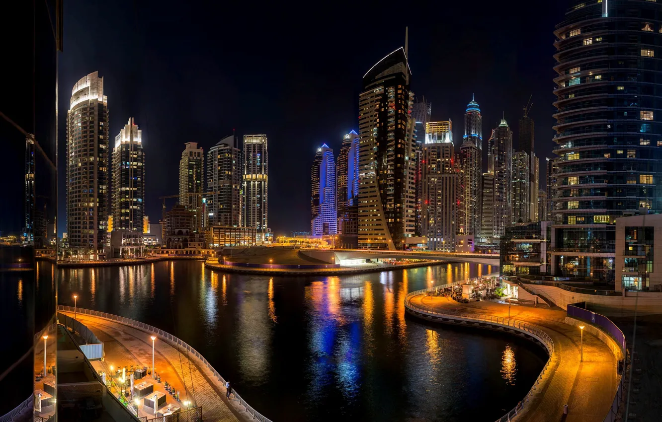 Photo wallpaper road, sea, night, bridge, the city, building, skyscrapers, Dubai