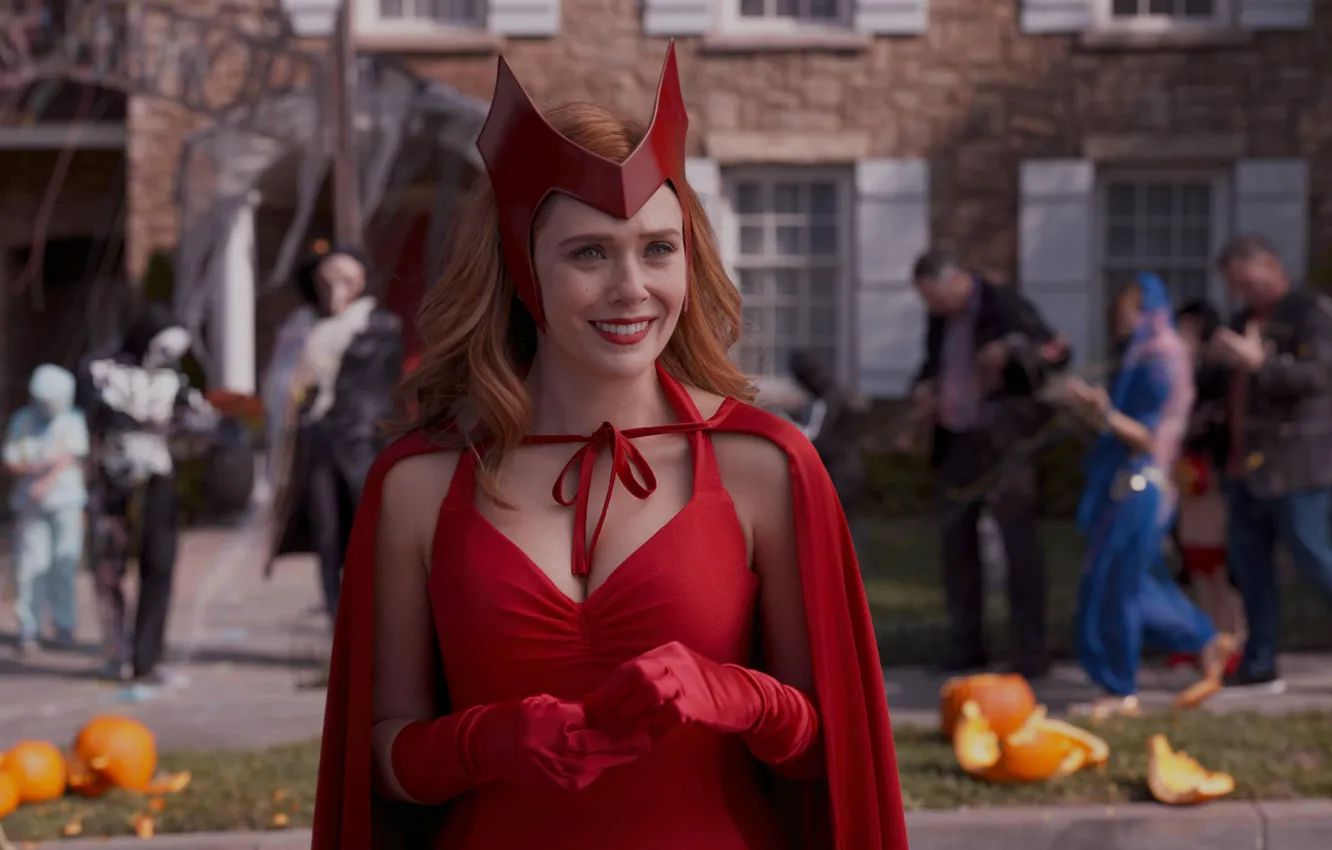 Photo wallpaper Red, Girl, Smile, Girl, Costume, Halloween, Actress, The series