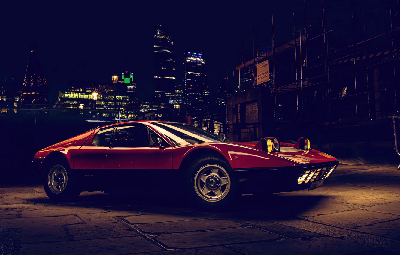 Photo wallpaper lights, Ferrari, sportcar, night city, Ferrari berlinetta boxer