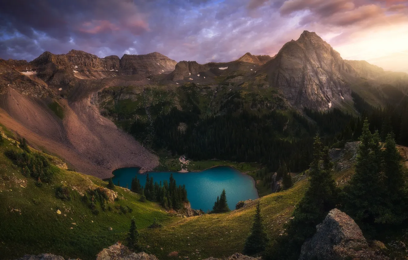Photo wallpaper forest, the sky, clouds, mountains, stones, tops, height, the evening