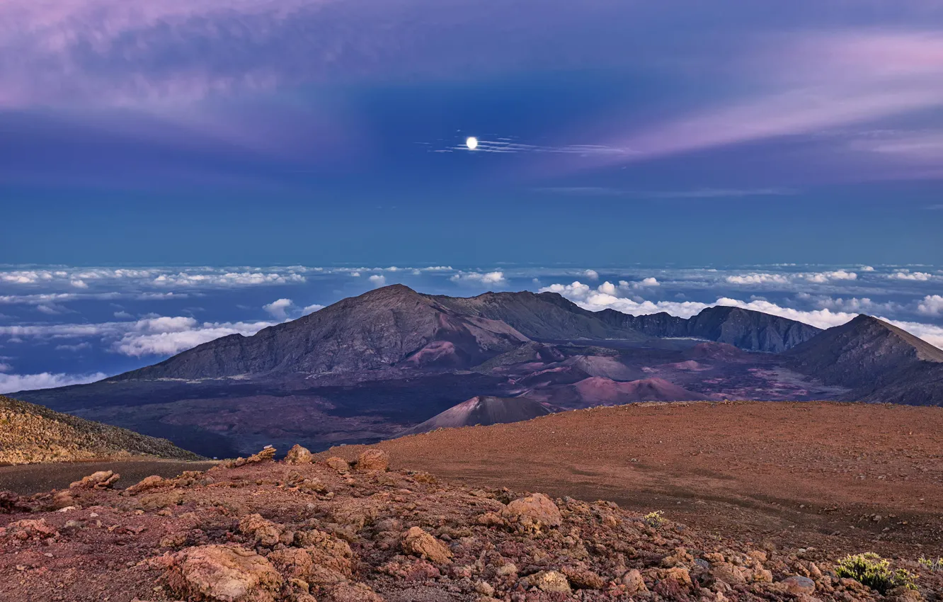 Photo wallpaper the sky, mountains, nature, the moon, panorama