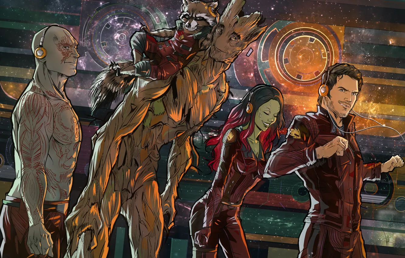 Photo wallpaper Rocket, raccoon, Guardians Of The Galaxy, Star-Lord, Guardians of the Galaxy, Gamora, Groot, Drax