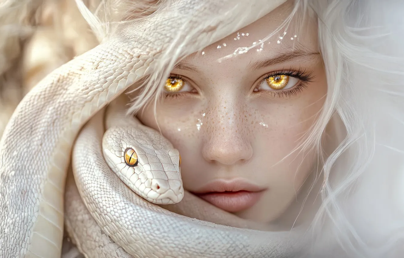 Photo wallpaper look, girl, face, snake, fantasy, Python, white hair, fiery eyes
