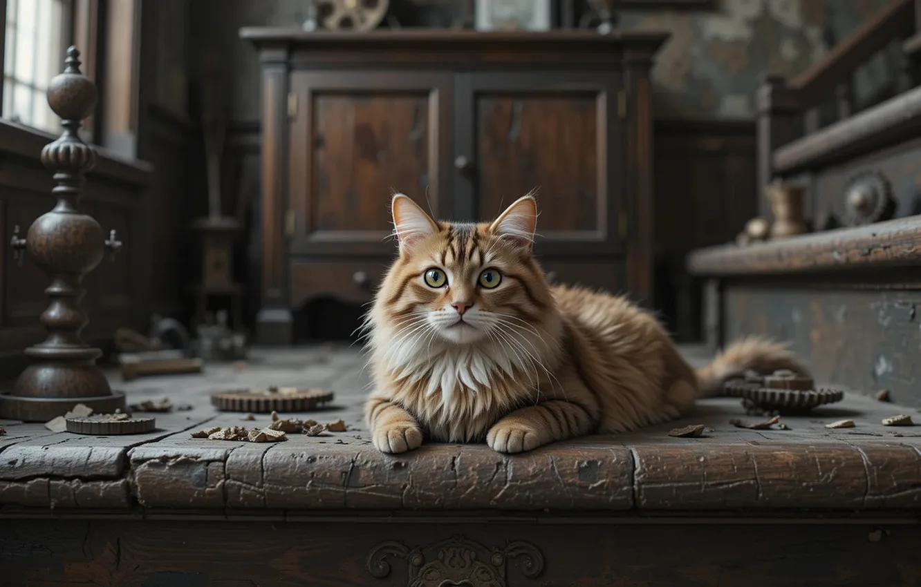 Photo wallpaper cat, cat, look, pose, garbage, Board, furniture, home