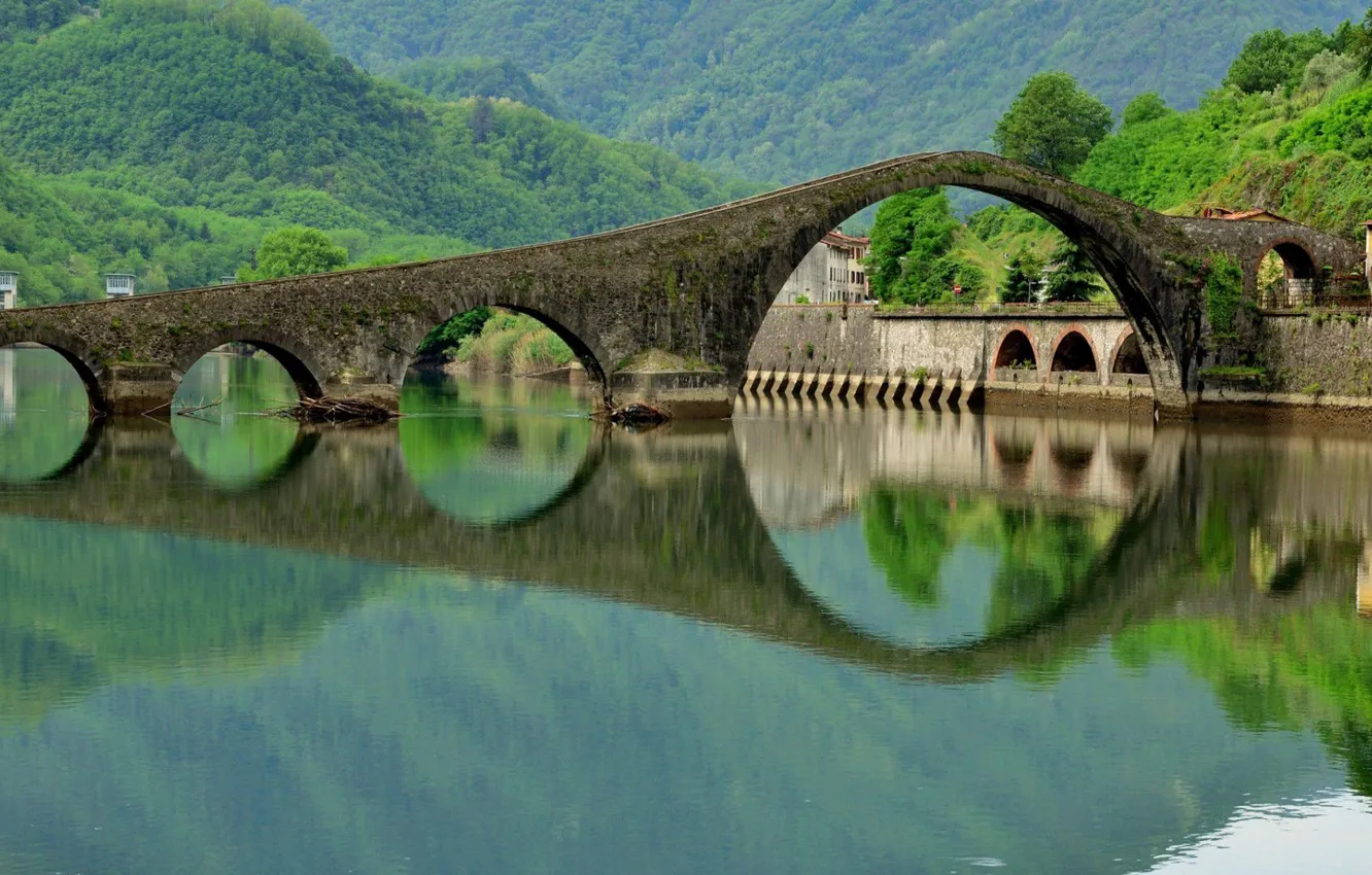 Photo wallpaper trees, Italy, nature, bridge, lake, arch