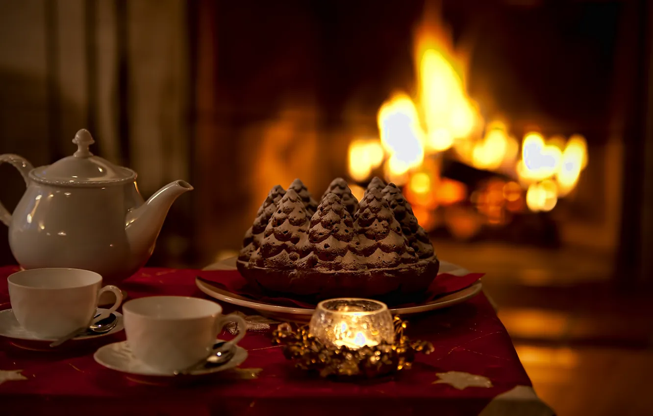 Photo wallpaper heat, tea, candles, kettle, pie, Cup, fireplace
