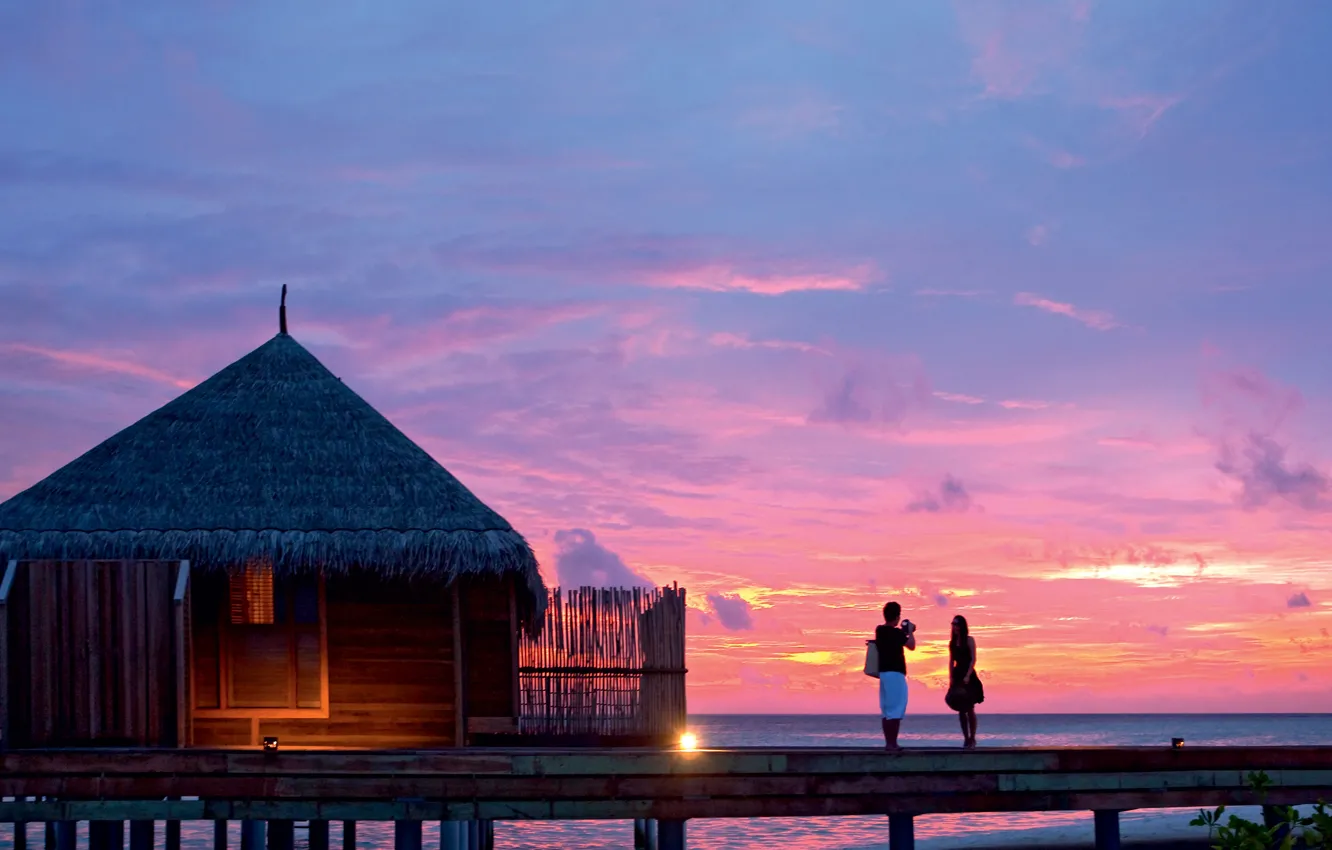 Photo wallpaper the ocean, the evening, two, Bungalow
