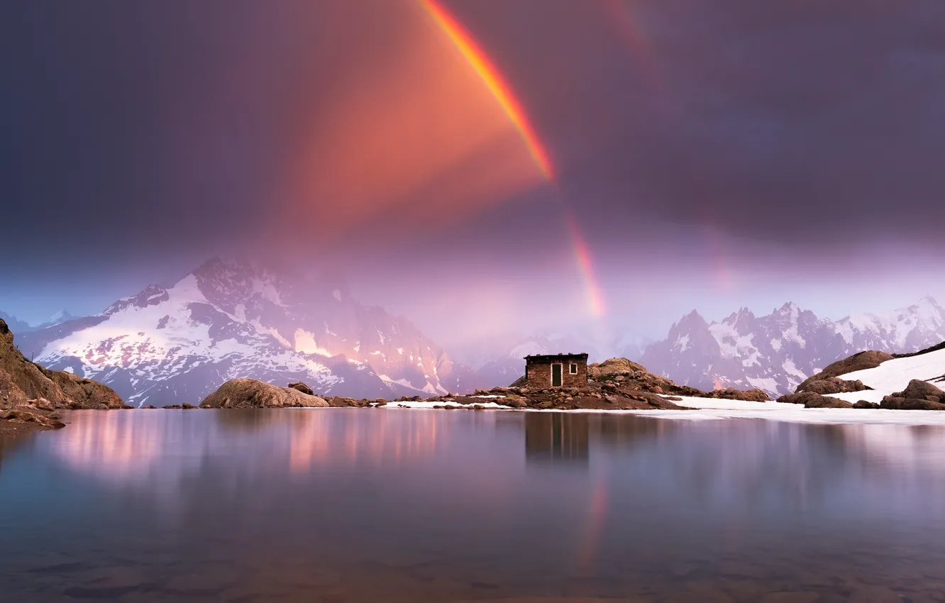 Photo wallpaper mountains, lake, rainbow, house