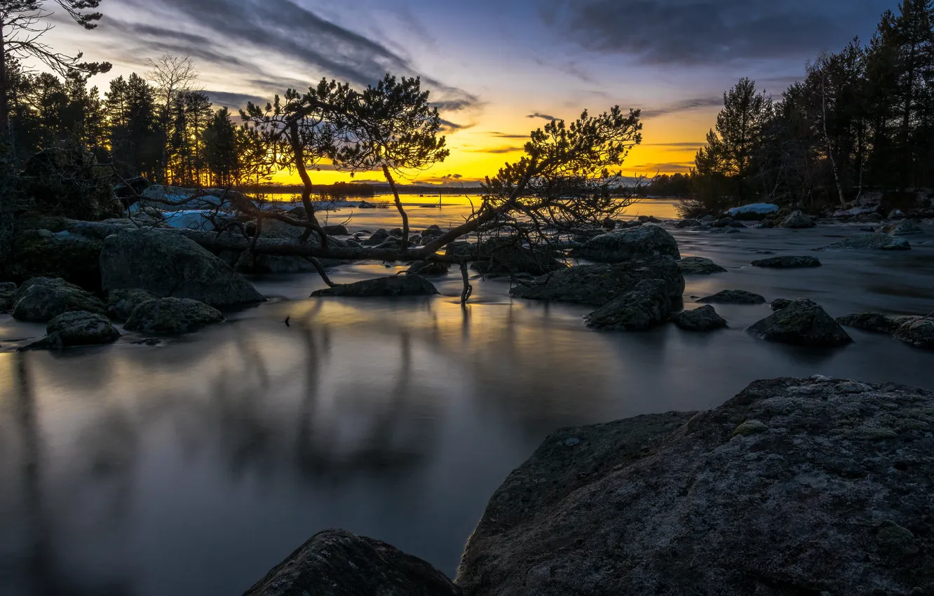 Photo wallpaper winter, forest, sunset, river, Sweden, Sweden, Sverige, Lapland