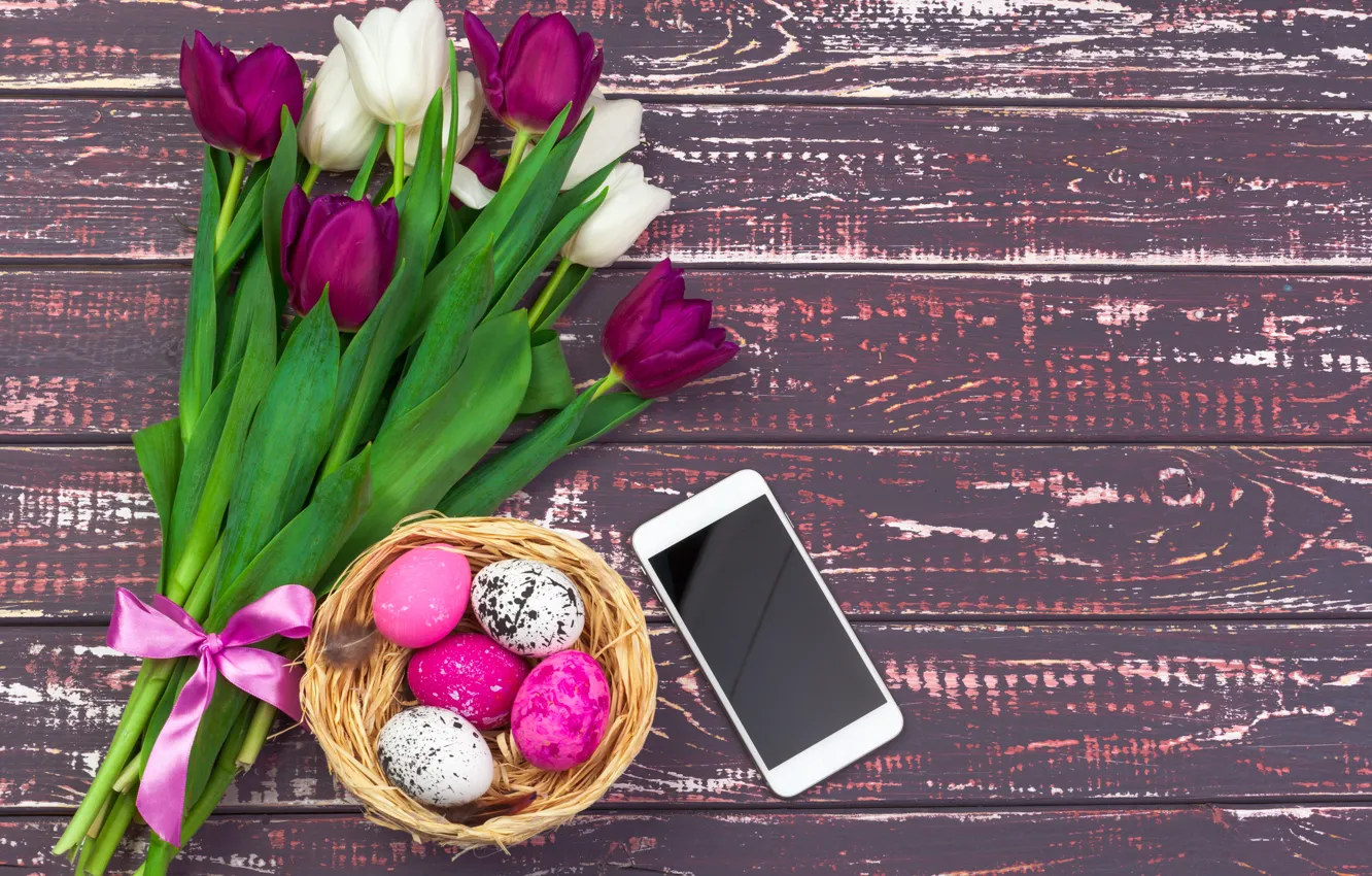 Photo wallpaper flowers, eggs, colorful, Easter, tulips, happy, wood, pink