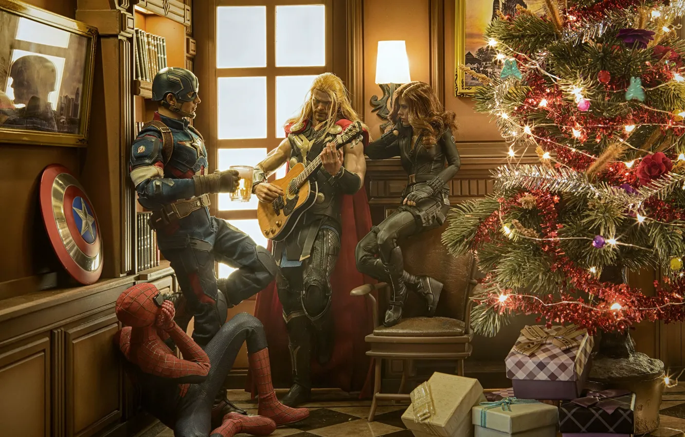 Photo wallpaper Christmas, tree, fun, super heroes, a merry little christmas