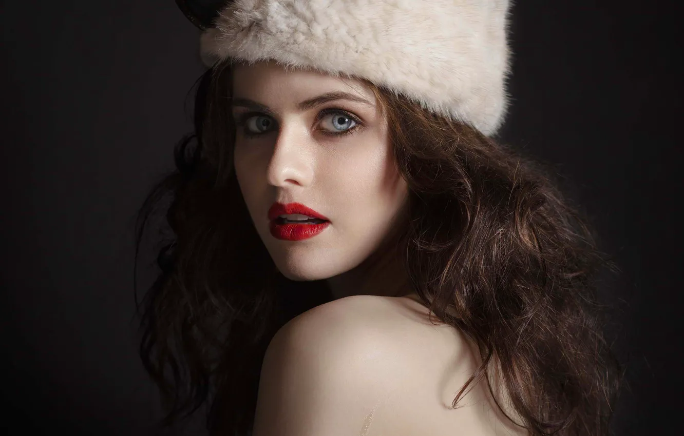 Photo wallpaper girl, red, hat, actress, lipstick, brunette, blue-eyed, Alexandra Daddario
