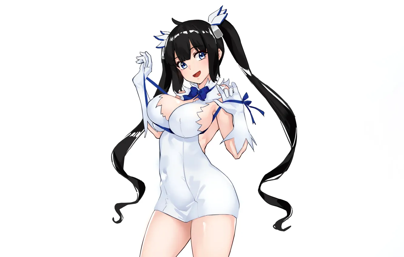 Photo wallpaper girl, sexy, cleavage, long hair, dress, boobs, anime, blue eyes