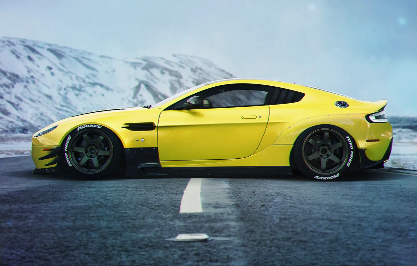 Photo wallpaper Aston Martin, Car, Yellow, Side, Sport, Vanquish, Stance