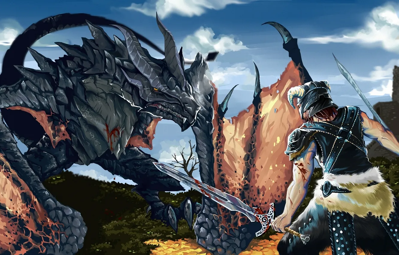 Photo wallpaper blood, dragon, warrior, art, battle, Skyrim, The Elder Scrolls V
