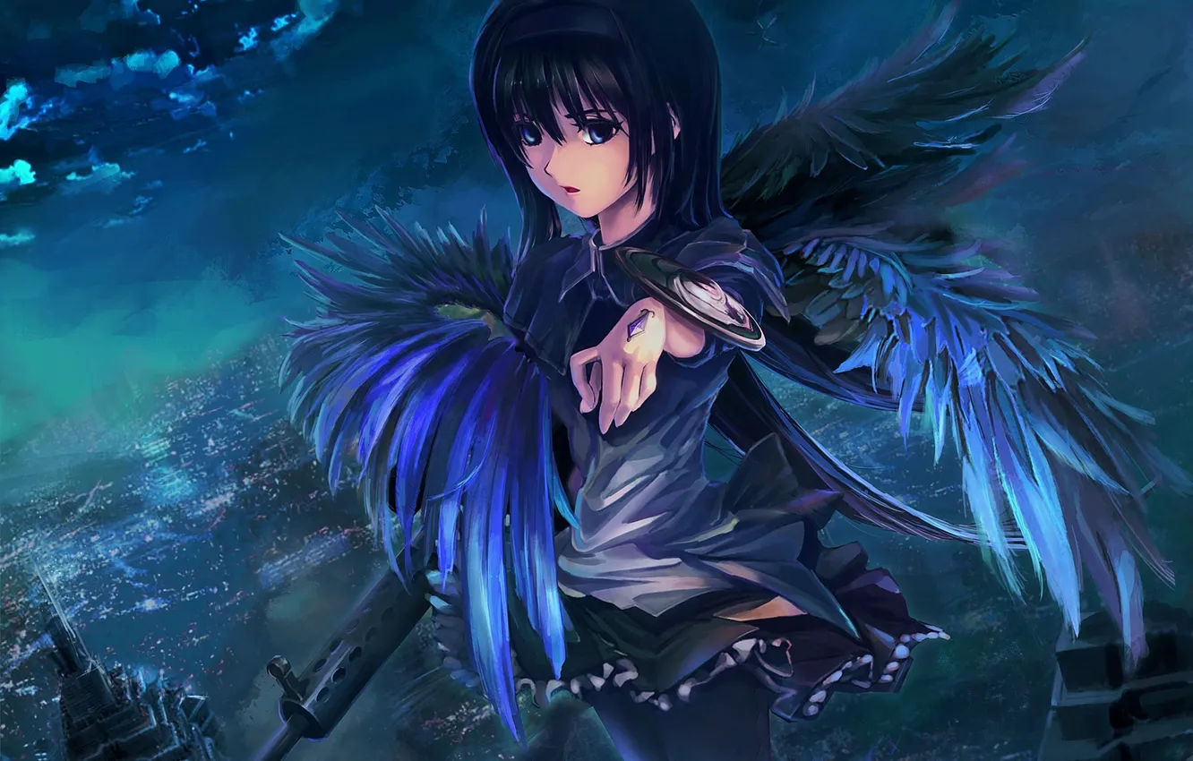 Photo wallpaper girl, night, the city, weapons, feathers, art, mahou shoujo madoka magica, homura akemi